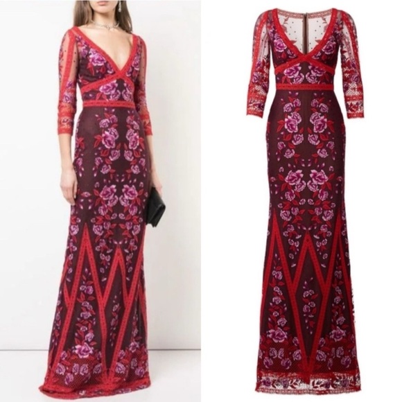MARCHESA NOTTE Floral Guipure Lace Maxi Dress Gown Wine Sz 2 - Picture 2 of 10